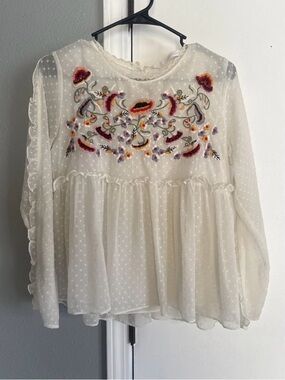 ZARA Trafaluc Collection Medium Boho Top Embroidered Floral Peplum Ruffled